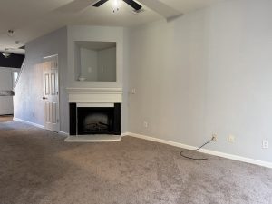 Closer view of fireplace in family room in Decatur Townhome for rent.